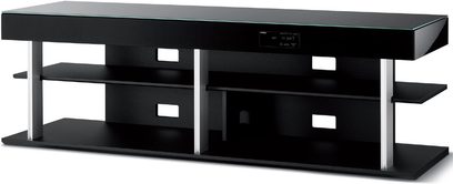 Sortlakeret sort TV-møbel med 4 åbne rum og 4 skuffer, sort glasplade, i moderne stil