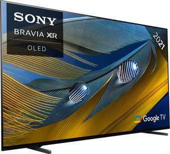 Sony BRAVIA XR 77A80J OLED-TV, buet skærm med smalle kanter, let skråt forfra, på sort fod