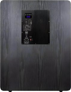 Subwoofer Tonewinner SW-D9000, pohled zezadu, velká černá skříň v dřevodekoru s panelem zesilovače a konektory