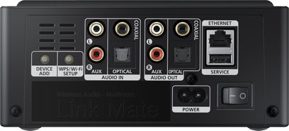 LinkMate WAM270 Samsung netværksaudioafspiller, frontvisning, optisk og aux-lydstik, Ethernet, strømforsyning