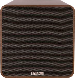 Enova HIFI Vela Sub 8A subwoofer, frontvisning, sort tekstureret gitter, afrundet træramme, metal-logo nederst