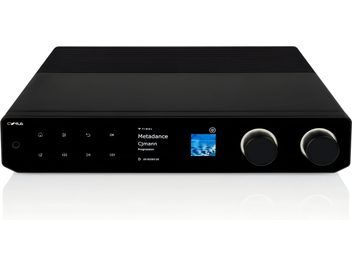 Siyah Cyrus 80 AMP stereo entegre amplifikatör, önden görünüm, ortada renkli ekran ve iki büyük döner düğme