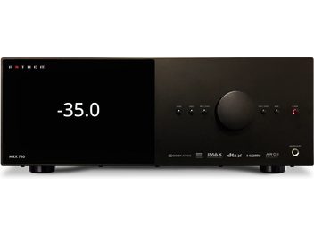 Anthem MRX 740 8K fekete otthoni mozierősítő, előlről látható, kijelzőn "-35.0", gombok és csatlakozók az előpaneljén