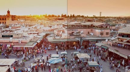 Порівняння стандартного та HDR-зображення площі Jemaa el-Fna у Marrakech, з ятками та натовпом на заході сонця