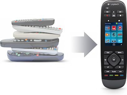 Sort Logitech Harmony Touch universal fjernbetjening og flere grå runde batterier stablet, set forfra