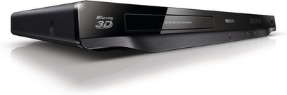 Philips BDP5200 sort 3D Blu-ray-afspiller, set forfra i perspektiv, med blank front og blå skærm