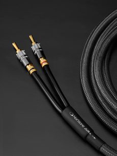Cavo per altoparlanti o diffusori Norstone Jura MC 2 x 5m con due connettori a banana dorati e guaina intrecciata nera visibile avvolta