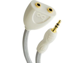 Analoge audio-splitter 3,5 mm mannelijke jackplug naar twee 3,5 mm vrouwelijke mini-jackpluggen, witte kleur, vergulde connectoren