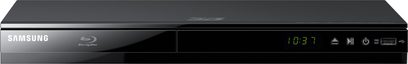 Samsung Blu-ray-afspiller BD-E5500 sort, set forfra, blåt digitalt display "10:37" på forsiden