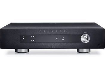 Ampli hi-fi stéréo Primare I25 noir, vue de face, façade noire avec boutons et molette argentés, affichage LED bleu
