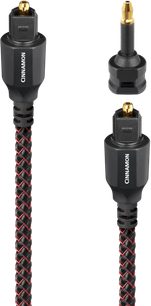 Cavo ottico Audioquest Cinnamon con guaina in nylon intrecciato nero e rosso, connettori Toslink con terminali dorati e adattatore mini-ottico, vista frontale