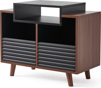 Norstone Design OSLO 800 Vinyl Turntable Furniture and Storage, rectangular structure, wood finish, angled legs, 2 lower compartments with black grooved fronts, elevated black top shelf