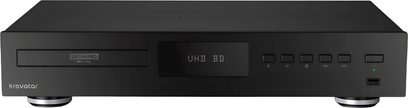 Lettore Blu-ray 4K Krovatar KBU-500 nero, visto frontalmente, con cassetto portadisco, display centrale e porta USB sul pannello frontale