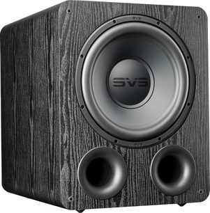 Subwoofer SVS PB-1000 PRO černý jasan. Pohled zepředu. Uprostřed černý kruhový reproduktor, dole dva černé kulaté bassreflexy.