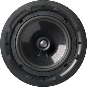 Indbygget loftshøjttaler Q Acoustics Qi80C Performance sort i plast og metal, set forfra, cirkulært kabinet med mørk vævet membran og skinnende centralt dome-diskant, ydre ring med synlige fastgørelser