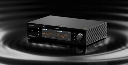 Leitor de rede EverSolo DMP-A8 Gen 2 preto com ecrã tátil duplo e grande botão de volume, vista em três quartos