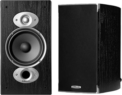 Sort Polk Audio RTI A3 reolhøjttaler set forfra, sølvfarvet diskant- og mellemtoneenhed, basrefleksport