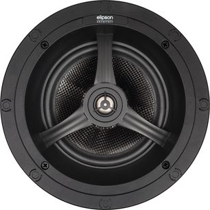 Vestavný stropní reproduktor Elipson INFINITE in-ceiling 6, pohled zepředu, černá mřížka se stříbrným centrálním reproduktorem