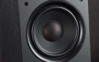 Subwoofer Davis Acoustics Sub Maya v černé barvě, detailní pohled zepředu, centrální kruhový černý reproduktor v matném černém pouzdře