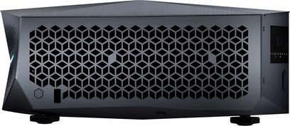 AWOL Vision Aetherion Pro-projektor svart, frontvisning, stort geometrisk gitter i bikubemønster på fronten