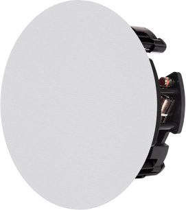 Boxa încastrabilă rotundă albă Sonance C6R, difuzor negru, grilă metalică perforată, vedere frontală