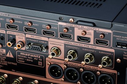 Rear panel of a Marantz AV 10 home theater preamp with numerous audio/video connections including HDMI, subwoofer outputs, and RS-232C