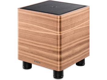 Subwoofer Sonus Faber Gravis I ve světlém dřevěném provedení, s černí horní částí a černými válcovými nožkami
