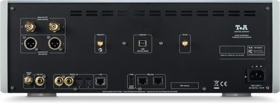 Lettore audio T+A MP 2500 R, vista posteriore con pannello nero, connettori audio, porte USB ed Ethernet