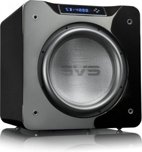 SVS SB-4000 sort lakeret baskabinetforsyn, set forfra, sort gitter, sølvfarvet woofer, blå "SB-4000" LED-display