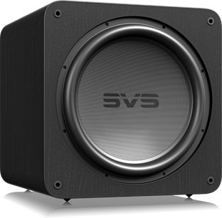 SB17-Ultra R|Evolution subwoofer, set forfra, sort kabinet, afrundede hjørner, cirkulær central højttaler, SVS-logo