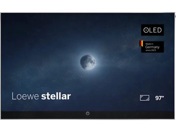 Loewe Stellar 97 DR+ televisie vooraanzicht, OLED-scherm met dunne rand met sterrenhemel en maan in het midden