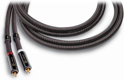 Kırmızı ve beyaz uçlu, altın kaplamalı konektörlere sahip, siyah ve kırmızı örgülü kılıflı 2m Clarus Crimson RCA analog ses kablosu