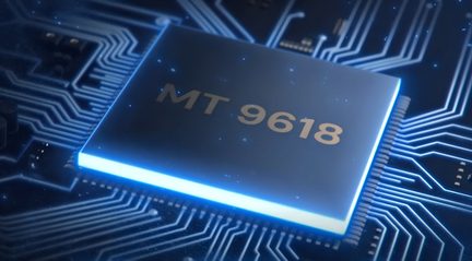MT 9618 electronic chip in a matte black metallic square casing, lower edge illuminated in blue, centered gold inscription, perspective view on a dark motherboard with electric blue traces