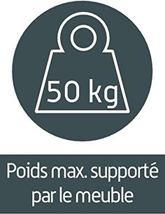 White icon of a 50 kg weight supported by a piece of furniture, on a dark gray circular background