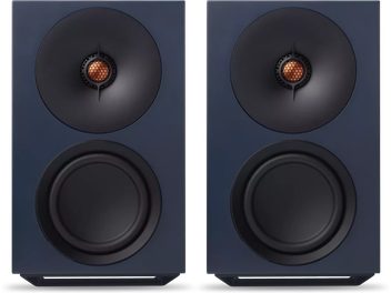 Pár modrých aktivních reprosoustav Cambridge Audio L/R M, čelní pohled, obdélníková skříň se dvěma reproduktory