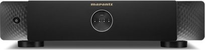 Juodas integruotas stereo hi-fi stiprintuvas Marantz Model M4 su lygiu priekiniu skydeliu, centriniu apvaliu valdymo ratuku ir įjungimo mygtuku kairėje pusėje