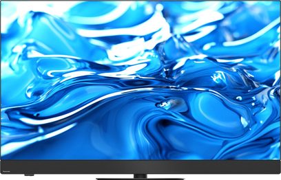 Panasonic TV-55Z90B high-definition television in black, with a slim metal frame and glass screen, integrated soundbar beneath the screen, and flat central stand, front view
