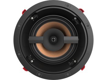 Klipsch PRO-16-RC indbygget højttaler, set forfra, cirkulær form, sort centralhøjttaler, diskant i midten, dobbelt rød ring rundt om kanten