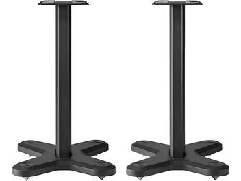 Monitor Audio ST-2 Lautsprecherständer aus schwarzem Metall, Vorderansicht, geradlinige Säulen auf kreuzförmigen Basen mit Spikes