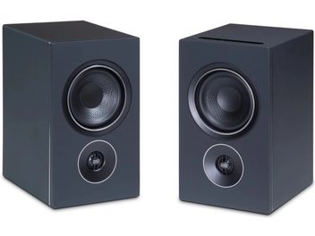 Enceinte PSB iQ2 noire, vue de face et de trois quarts, avec grand haut-parleur et tweeter en façade