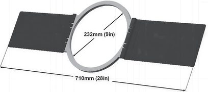 Ritning med mått för en oval metallmonteringssats på 710 mm x 232 mm för inbyggda Cabasse Archipel 17ICD/17ICP/17ICPS-högtalare