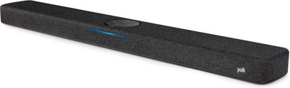 Polk Audio React Sound Bar sort, set forfra, med blåt logo og kontrolknapper på toppen