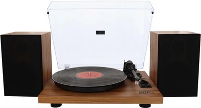 Giradischi Enova HIFI Vision 2 SET in finitura noce scuro, vista frontale con coperchio aperto e braccio di lettura