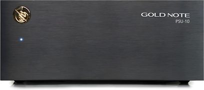 Erillinen virtalähde HI-FI Gold Note PSU-10 musta, etunäkymä, kullattu logo mustalla matalla etupaneelilla
