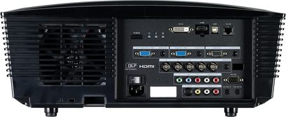 Optoma EX785 videoprojektor, bagside, HDMI, VGA, lyd, RS232, 12V, USB, netværk RJ45, kontakt og strømstik