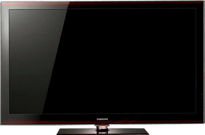 Samsung PS58B680 højdefinitions-fladskærms-TV, sort skærm slukket, set lidt skråt forfra, på metalstativ