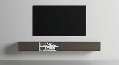 Nástěnný audio‑video nábytek Unnu Classic Series Model 1540 z bílého dřeva, dvířka v barvě taupe, centrální výklenek s knihami