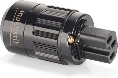 Strømadapter C15R plugg DRUCK, svart finish, riflet sylindrisk kropp, 3-pins kontakt, synlig gullskrue