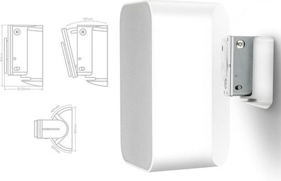 Witte muurbeugel BlueSound WM100-W voor luidspreker, met technische schema's en afmetingen, vooraanzicht en zijaanzicht