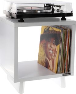 Hvid kubisk Enova HIFI Vinyle Lover-møbel med sort pladespiller på toppen og vertikale rum til albums på forsiden